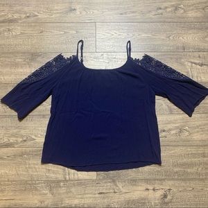 Cato Fashions Navy Blue Crochet Floral Lace 3/4 Sleeve Cold Shoulder Blouse